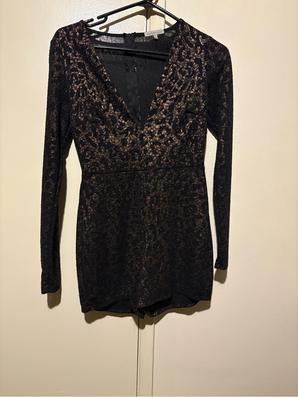 Black and Bronze Brown Long-Sleeve Leopard Print Romper - MEDIUM